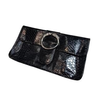 Vintage Black Snake Embossed Patent Leather Clutch Dragon Clasp Made in Italy